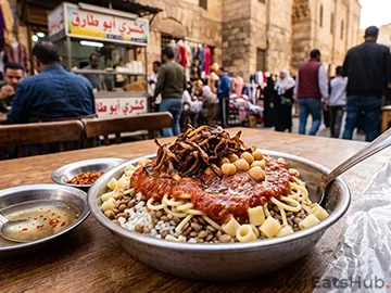 Egypt's favorite street food: layered rice, lentils and macaroni topped with spiced tomato sauce, crispy onions and garlic vinegar.
