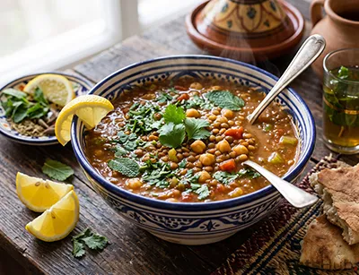 A hearty tomato, lentil and chickpea soup thickened with a flour