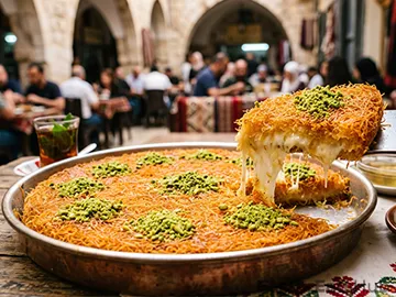 Shredded kataifi pastry baked over sweet cheese until golden and crisp, soaked in orange blossom syrup and finished with crushed pistachios.